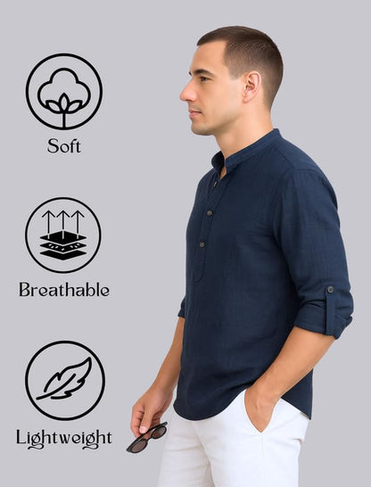 Deelmo MenS Cotton Blend Solid Regular Fit Full Sleeve Short Kurta | MenS Trendy Short Kurta Navy Blue