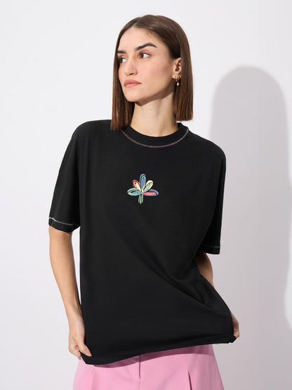 The Souled Store Originals: All Chaos Women and Girls Short Sleeve Round Neck Graphic Printed Cotton Oversized T-Shirts Black