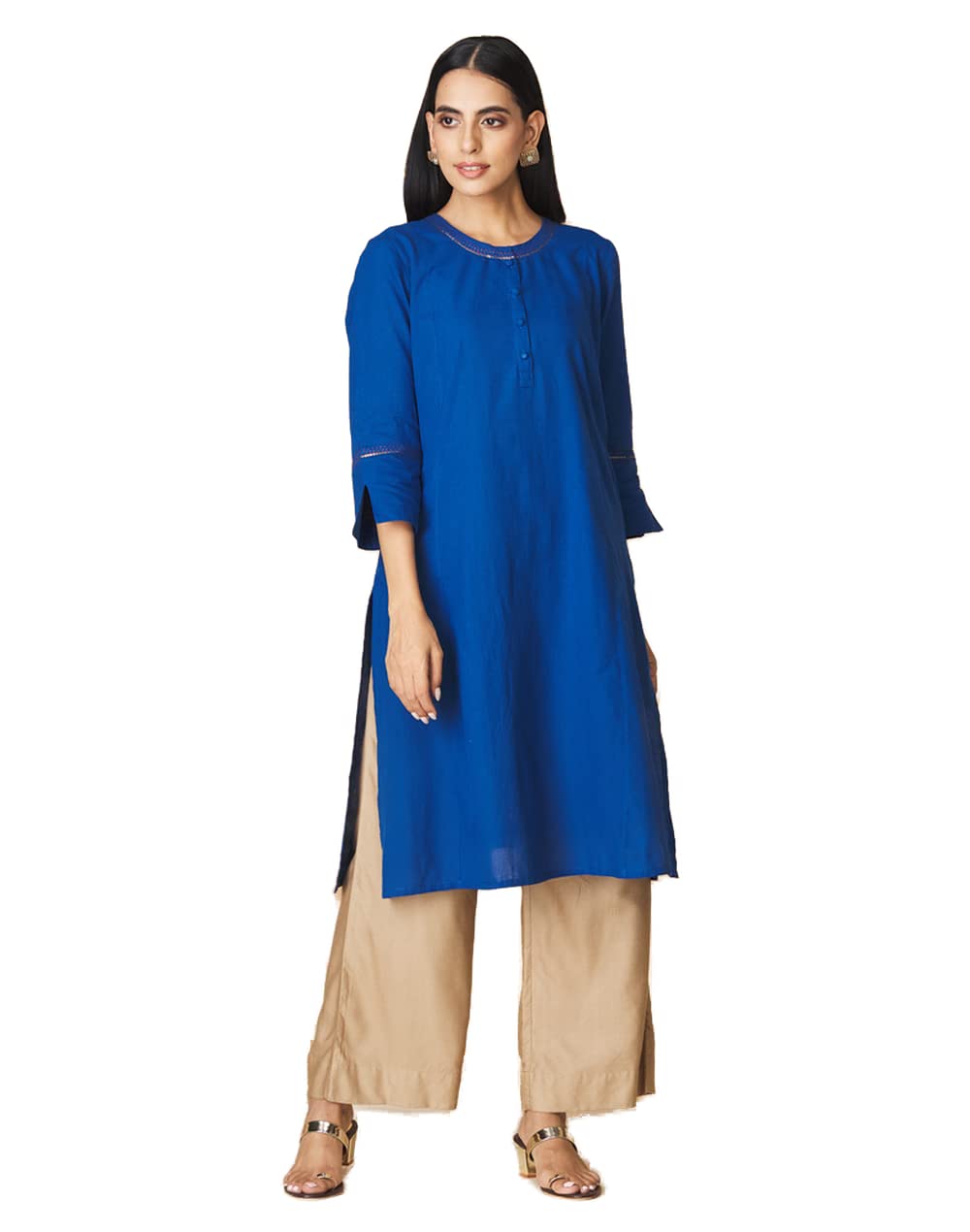 Fabindia Women Cotton Straight Knee Length Kurta Blue_Xxl