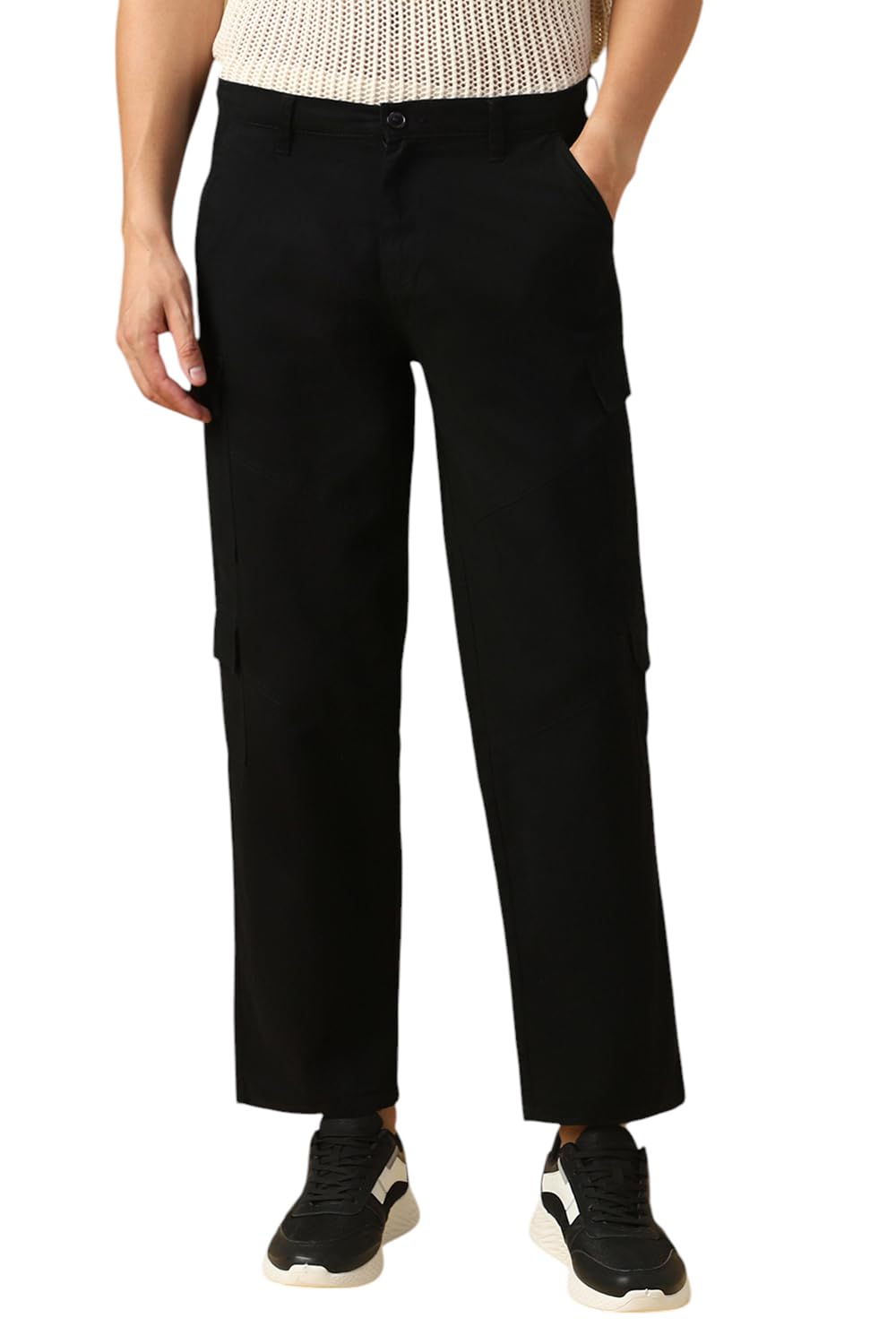 Dennis Lingo Mens Black Solid Cotton Loose Fit Cargo Trouser