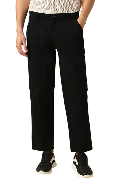 Dennis Lingo Mens Black Solid Cotton Loose Fit Cargo Trouser