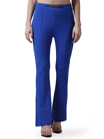 POPWINGS Solid Full-Length Polyester Regular-Fit Trouser Pants for Women for Casual and Semi Formal Wear Blue