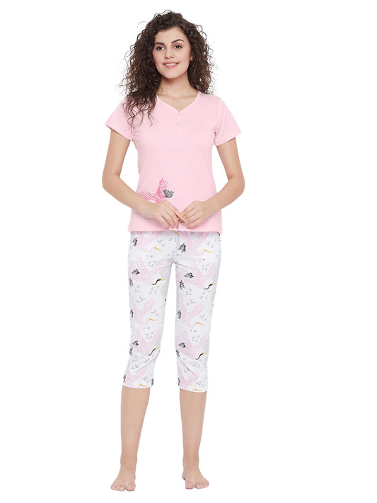 Clovia Women Cotton Graphic Print Pajama Set(Ls0411E22L_Pink_Large), Multi