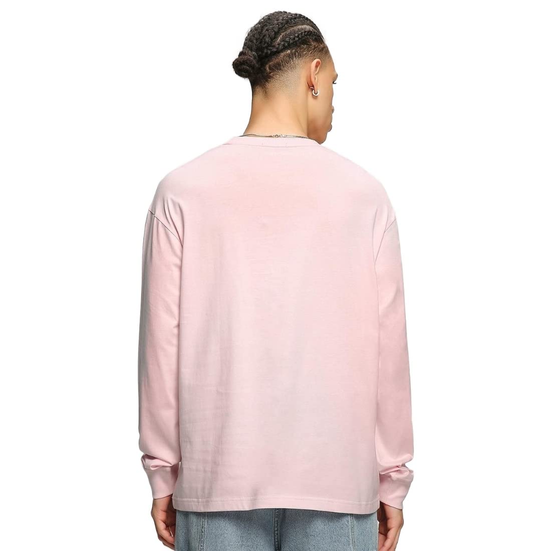 Bewakoof Mens Plain Solid 100% Cotton T-Shirt- Oversized Fit, Round Neck, Long Sleeve Pink