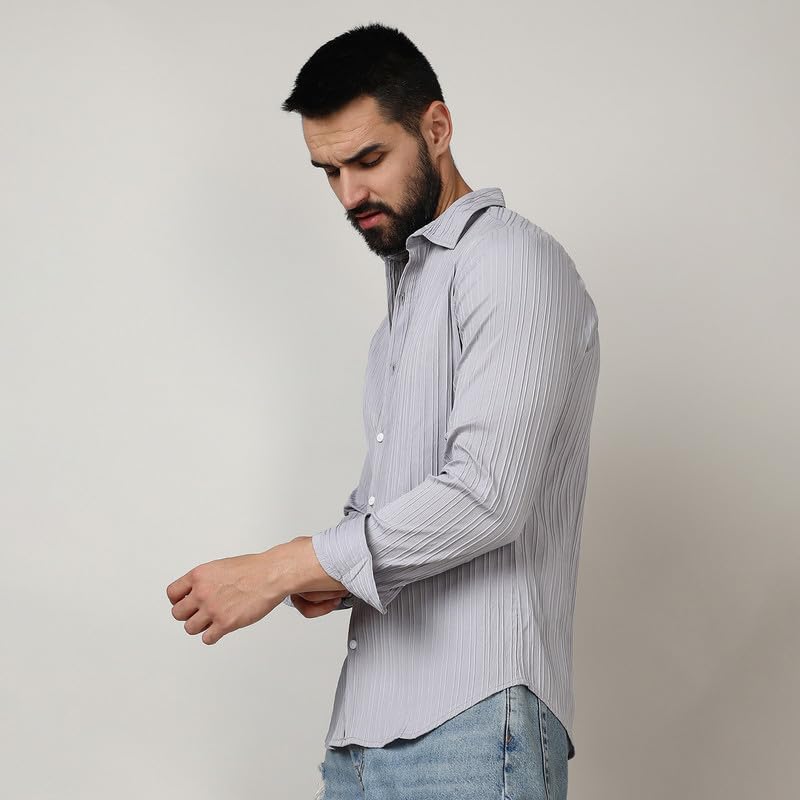 Campus Sutra Mens Moon Grey Self-Design Striped Shirt for Casual Wear | Spread Collar | Long Sleeve | Button Closure | Shirt Cr