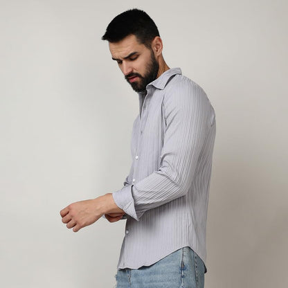 Campus Sutra Mens Moon Grey Self-Design Striped Shirt for Casual Wear | Spread Collar | Long Sleeve | Button Closure | Shirt Cr