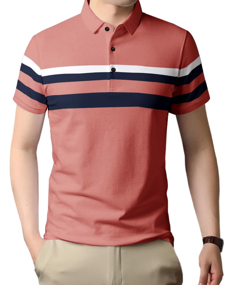 Noble Monk Polo Neck Half Sleeve Striped Print Casual Men Tshirt