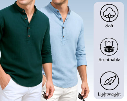 Deelmo Combo Of MenS Cotton Blend Solid Regular Fit Full Sleeve Short Kurta | MenS Trendy Short Kurta Pack Of 2