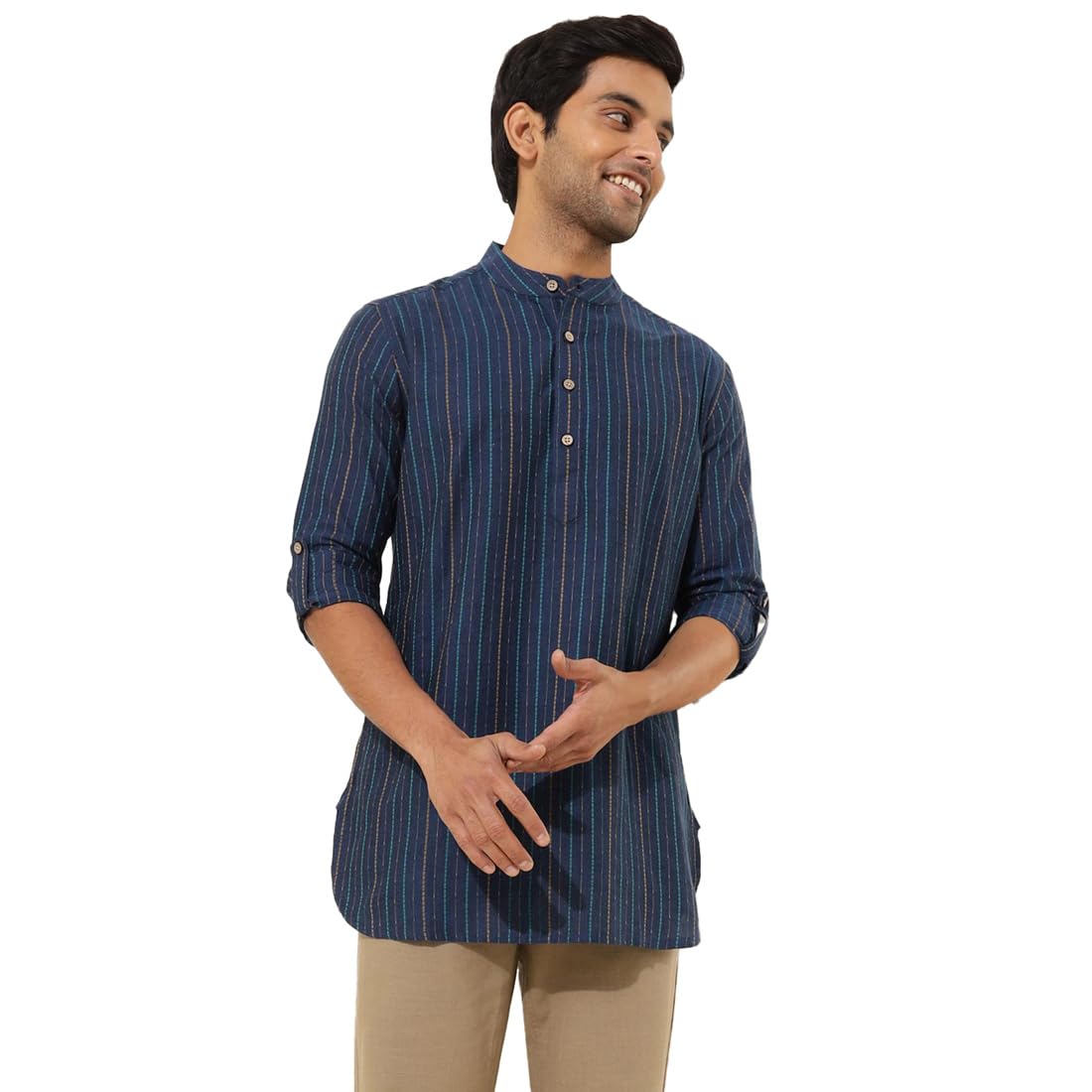 Fabindia Men'S Cotton Dobby Slim Short Kurta (1038399Navy_Navy Blue