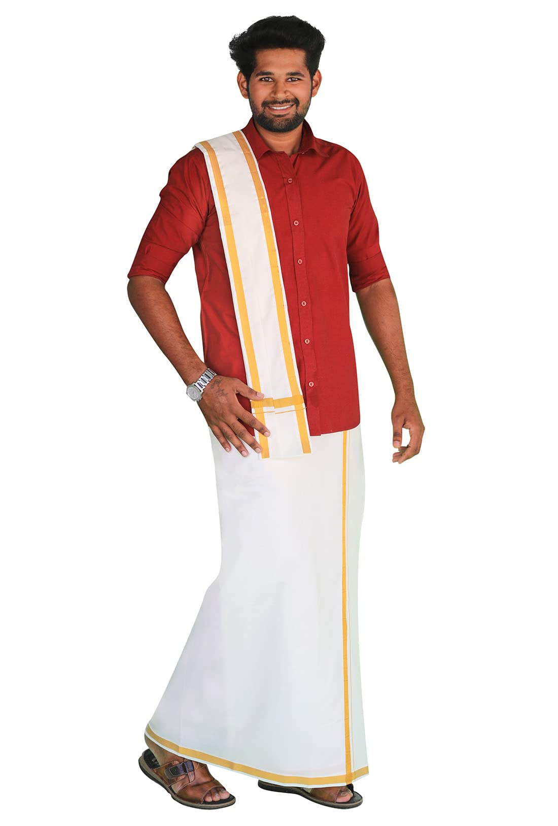 Prakasam Cotton Mens Flexi Size Welcro Pocket Readymade Dhoti +Matching Jari Cotton Single Towel Set Only (Shirt Not Included)