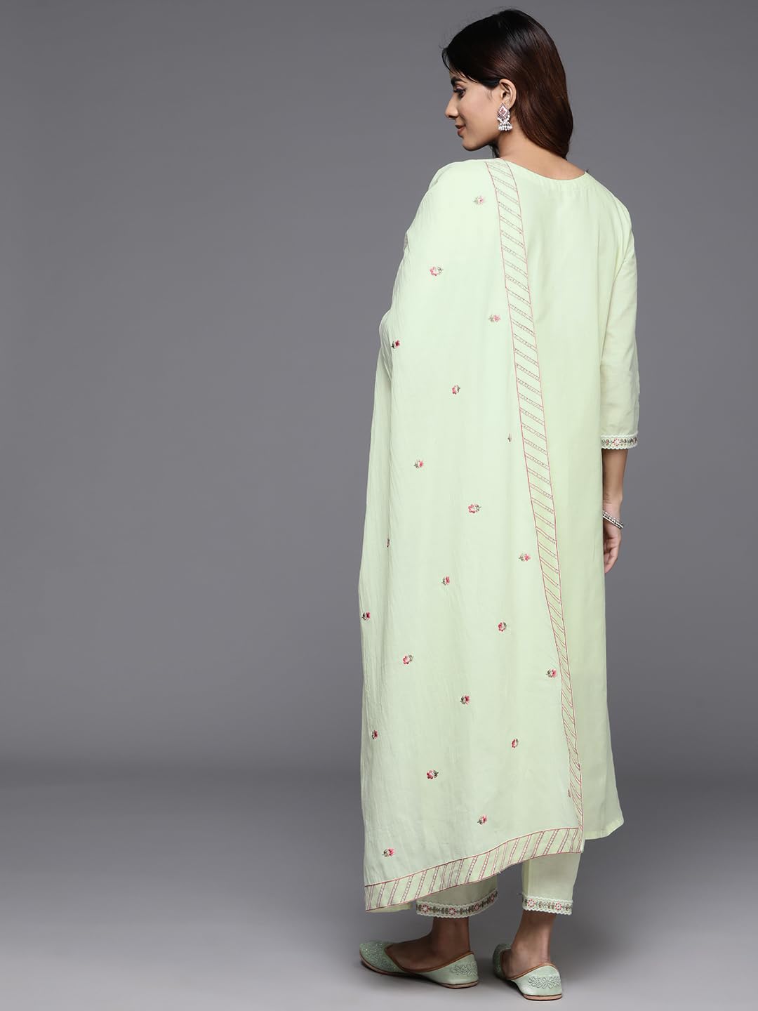 VARANGA Women Green Thread And Sequins Embroidered Kurta With Tonal Bottom And Dupatta