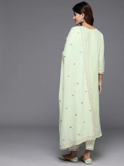VARANGA Women Green Thread And Sequins Embroidered Kurta With Tonal Bottom And Dupatta