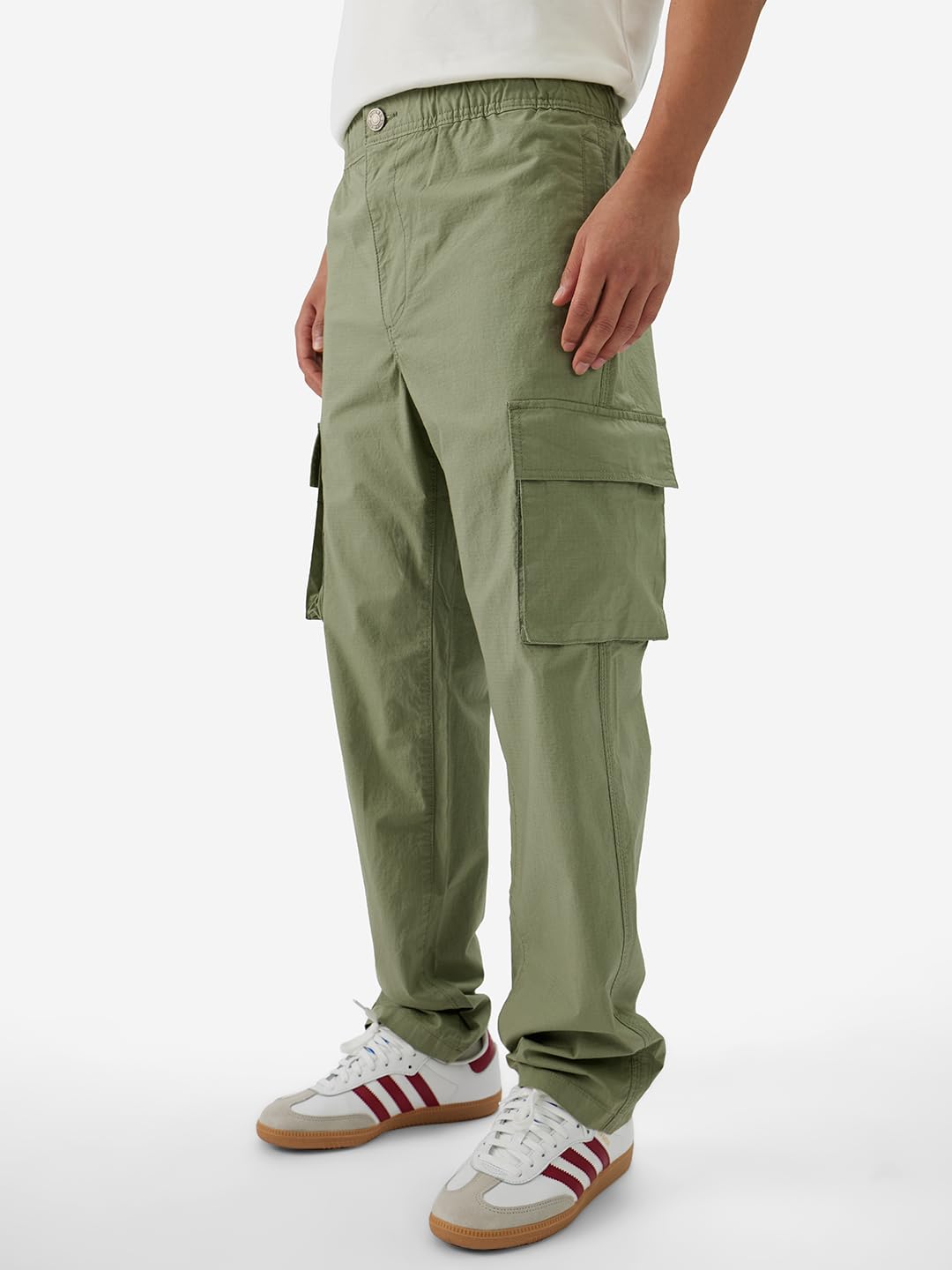The Souled Store Fern Green Men and Boys Buttoned Cotton Blend Straight Fit Cargo Ripstop Pants