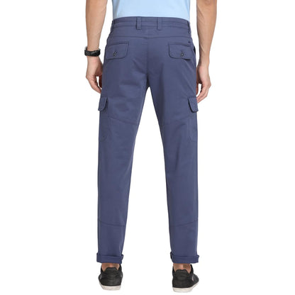 Turtle Men Cotton Stretch Regular Fit Solid Blue Denim Cargo Pant