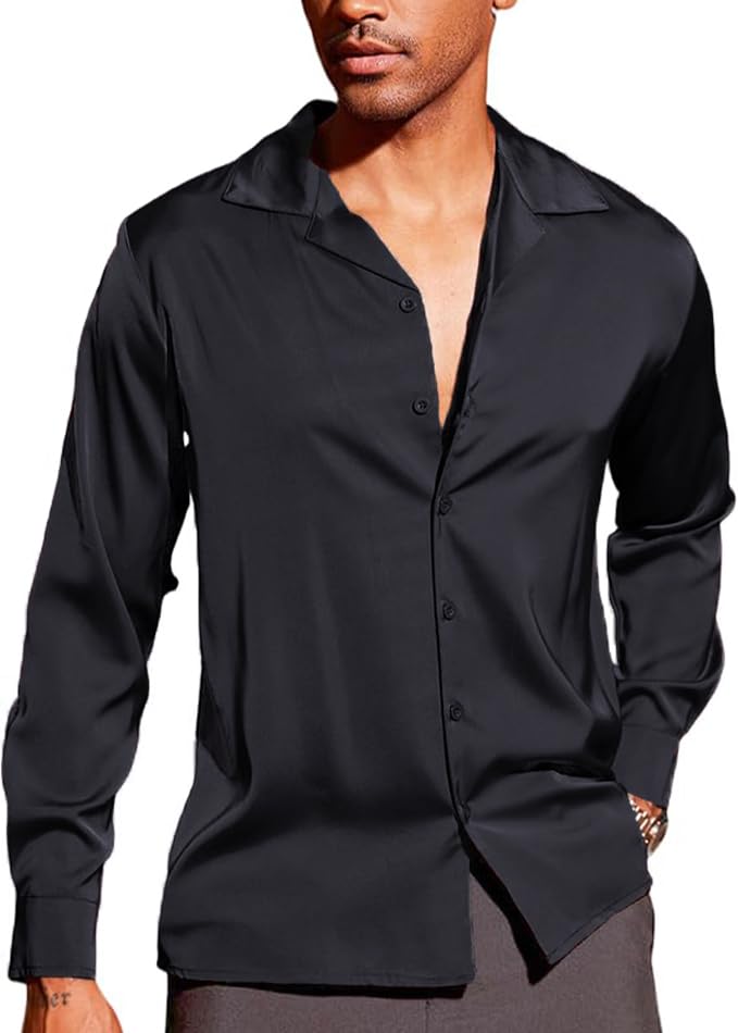 CB-COLEBROOK Men Luxury Satin Silk Dress Shirt - Long Sleeve, Satin, Shiny Button Down, Prom, Wedding Party Shirt (in, Alpha, XL