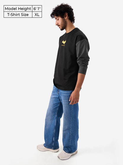 The Souled Store Official Batman: The Justice Round Neck Full Sleeve Black Graphic Printed Cotton Oversized T-Shirts for Men & B