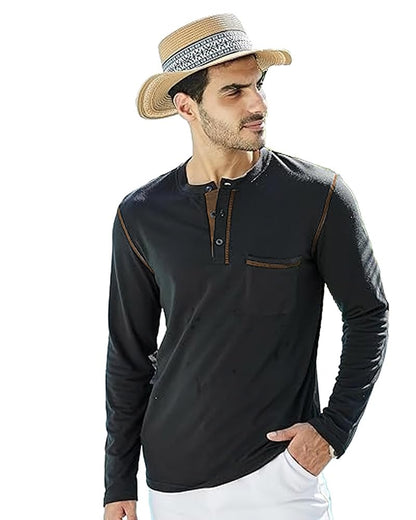 Nobel Monk MenS Solid Regular T-Shirt |Henley Neck Full Sleeve T Shirts For Men Black