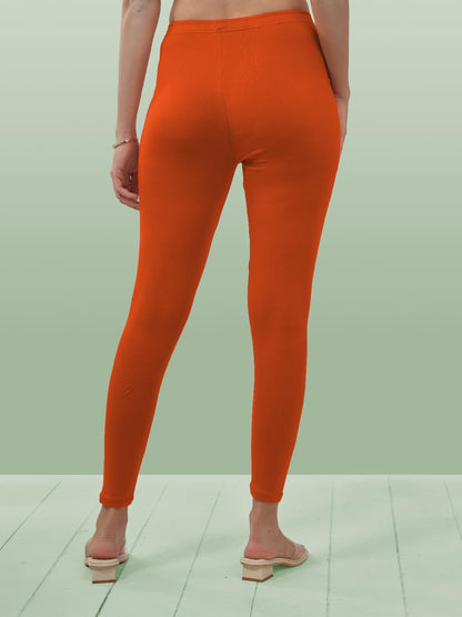 Lyra Women Solid Premium Cotton Orange Ankle Length Leggings | Mid-Waist | Fashionwear