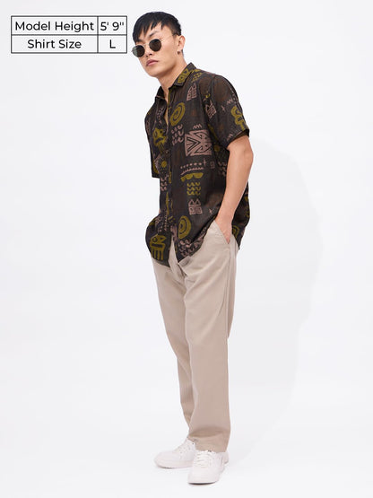 The Souled Store Ancient Trip Men and Boys Short Sleeves Collared Neck Button Front Brown All Over Printed Cotton Textured Shirt