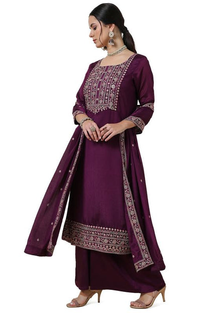 Soch Womens Wine Yoke Embroidered Chinon Blend Suit Set With Sequins