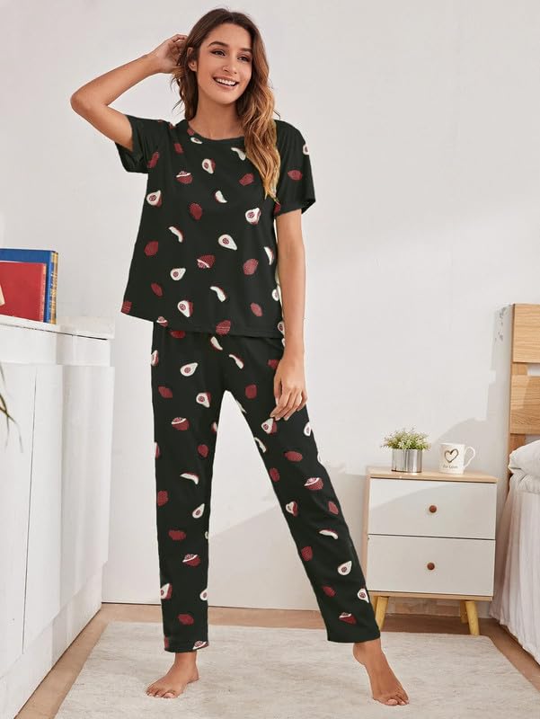 SMOWKLY Printed Round Neck Short Sleeve Night Suit Set for Women  Soft Pajama Set | Comfortable Cotton Blend Night Dress & Sleep