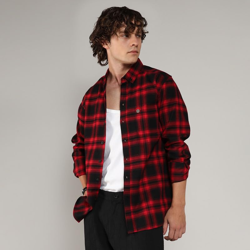 Campus Sutra Mens Midnight Black & Scarlet Red Brushed Buffalo Check Shirtfor Casual Wear | Spread Collar | Long Sleeve | Butto