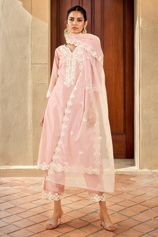 Soch Womens Blush Pink Chanderi Embroidered Suit Set With Scalping