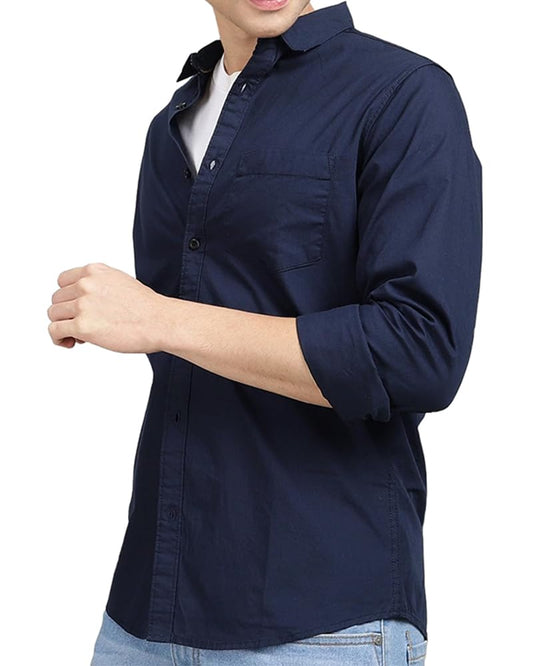 Noble Monk MenS Regular Fit Casual Shirt |Full Sleeve| Polo Neck |Formal Shirts For Men Navy Blue
