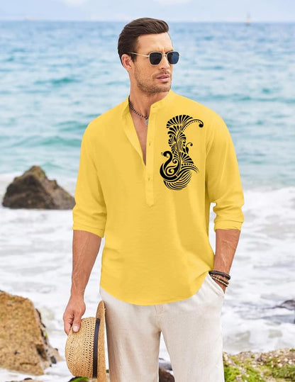 Finivo Fashion MenS Printed Cotton Blend Short Kurta With Artistic Chest Design | Stylish Full Sleeve Casual Kurta With Mandarin