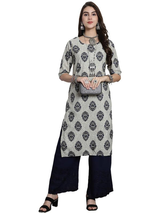 Pinkmint Crepe Printed Straight A-Line Round Neck Stylish Kurti for Women (Pack 1)