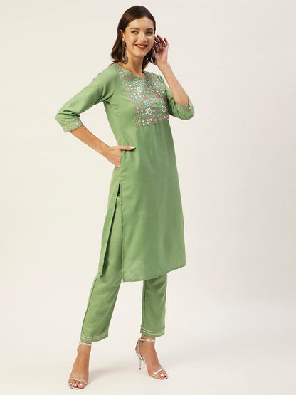 anubhutee Women's Cotton Blend Olive Green Mirror Work Ethnic Motifs Embroidered straight Kurta Suit Set With Pants