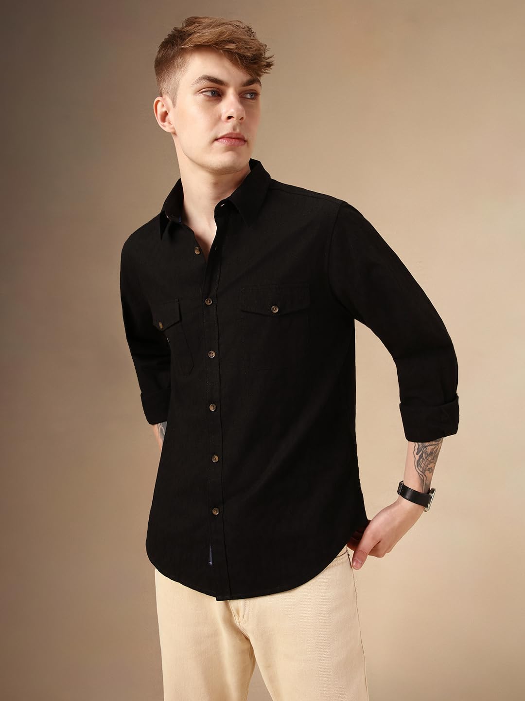 Dennis Lingo Men Black 100% Cotton Full Sleeve Spread Collar Self Design Shirts