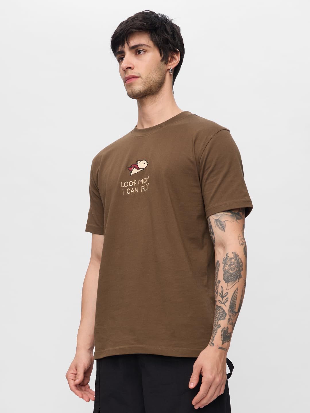 The Souled Store Fly Men and Boys Short Sleeves Round Neck Brown Embroidered Regular Fit Cotton T-Shirts