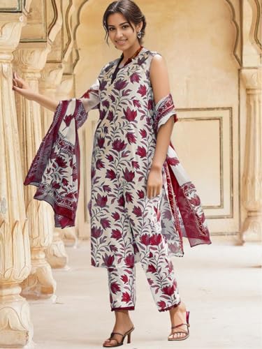 Shienzy WomenS Printed Cotton Blend Sleeveless V-Neck Kurta Pant Dupatta Set || Stylish Indo-Western Kurti For Wedding, Festive