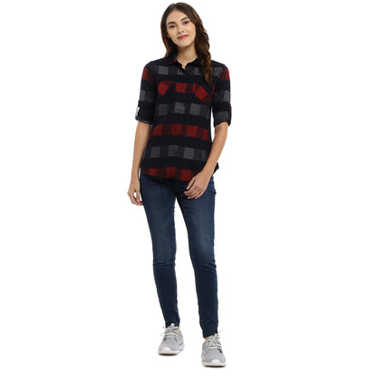 Campus Sutra Womens Multi-Coloured Checkered Button Up Shirt Regular Fit for Casual Wear | Structured Shirt Crafted with Regula