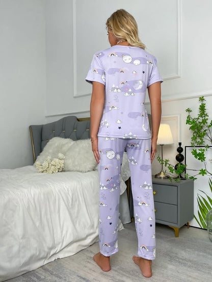 SMOWKLY Womens Cartoon Print Pyjama Set  Round Neck Short Sleeve Top & Pajama | Soft Cotton Blend Night Suit, Nightwear & Lounge