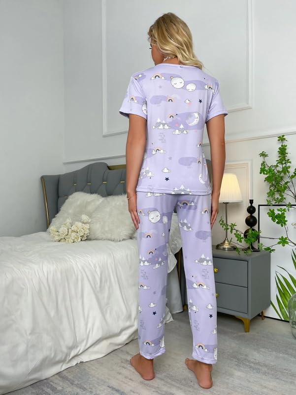 SMOWKLY Printed Round Neck Short Sleeve Night Suit Set for Women  Soft Pajama Set | Comfortable Cotton Blend Night Dress & Sleep