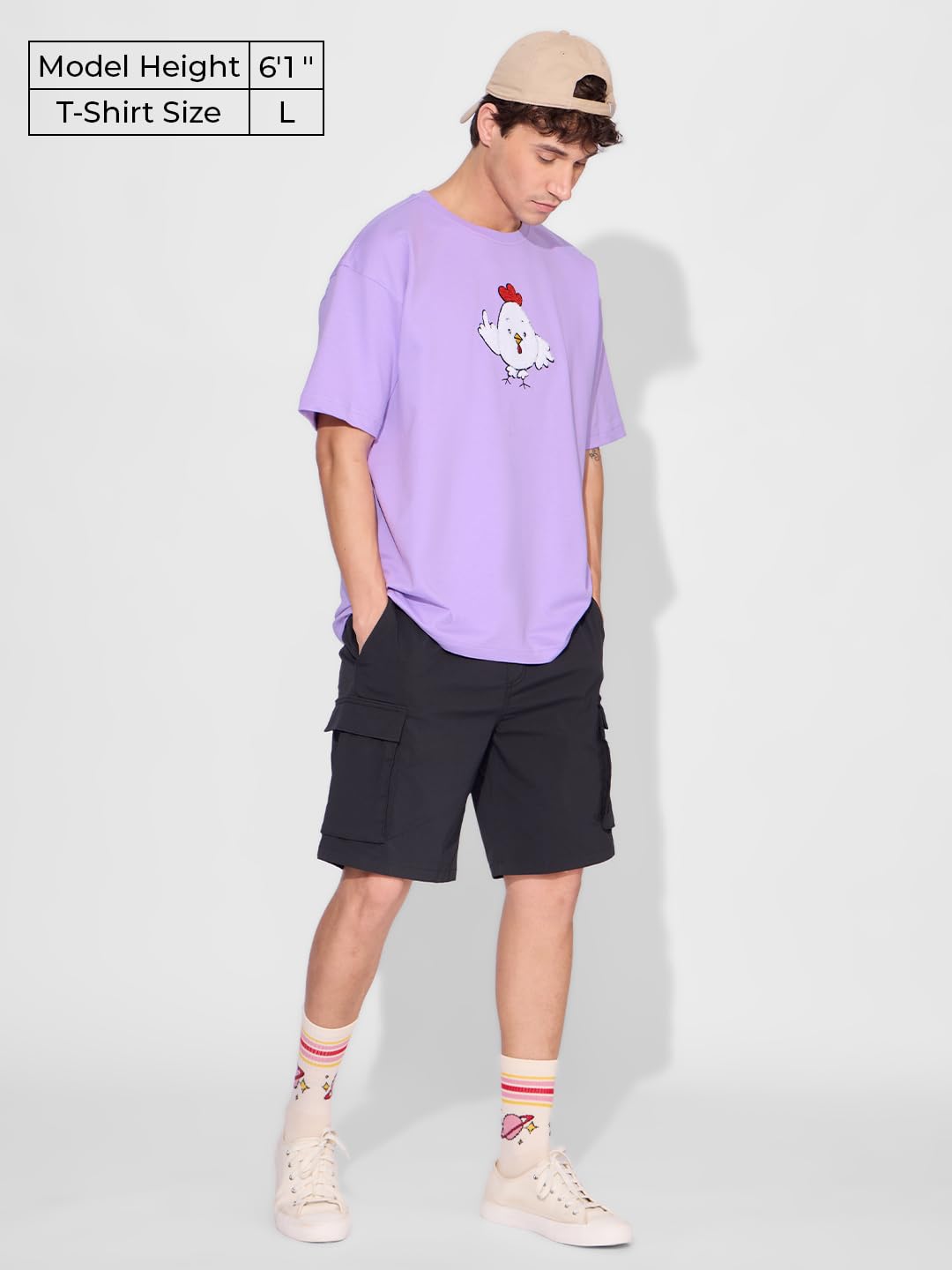 The Souled Store Poker Facace Men and Boys Short Sleeves Round Neck Purple Embroidered Cotton Oversized T-Shirts
