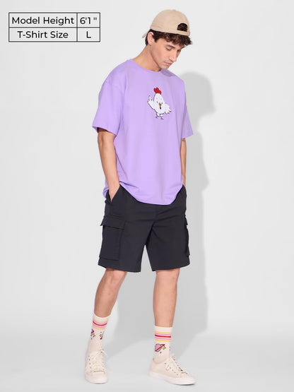 The Souled Store Poker Facace Men and Boys Short Sleeves Round Neck Purple Embroidered Cotton Oversized T-Shirts