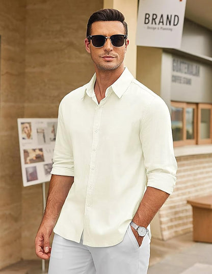 CB-COLEBROOK Mens Long Sleeve Button Down Shirts Casual Cotton Linen Shirts Summer Beach Shirt for Mens Top (in, Alpha, 2XL, Re