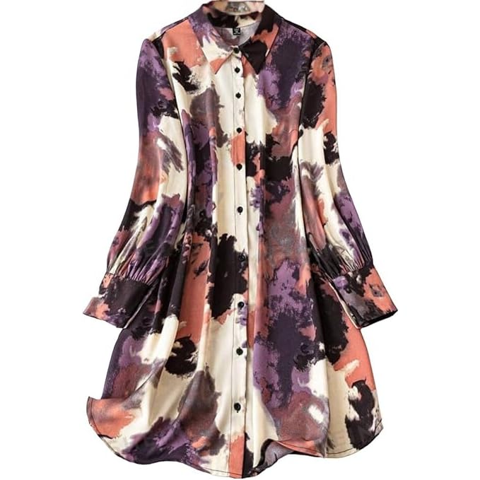 Gufrina WomenS Rayon Dress With Long Puff Sleeves Mandarin Collared Neck Tie Die Printed A-Line Style Regular Fit And Knee Leng