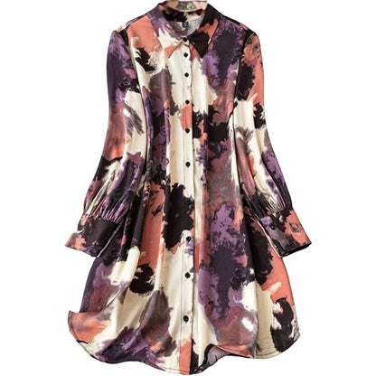 Gufrina WomenS Rayon Dress With Long Puff Sleeves Mandarin Collared Neck Tie Die Printed A-Line Style Regular Fit And Knee Leng