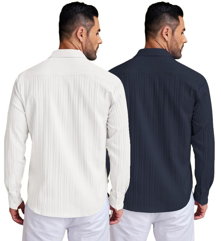Deelmo Combo Of MenS Casual Button Down Shirts Long Sleeve Linen Shirt Fashion Textured Summer Shirts Pack Of 2 White - Navy Bl