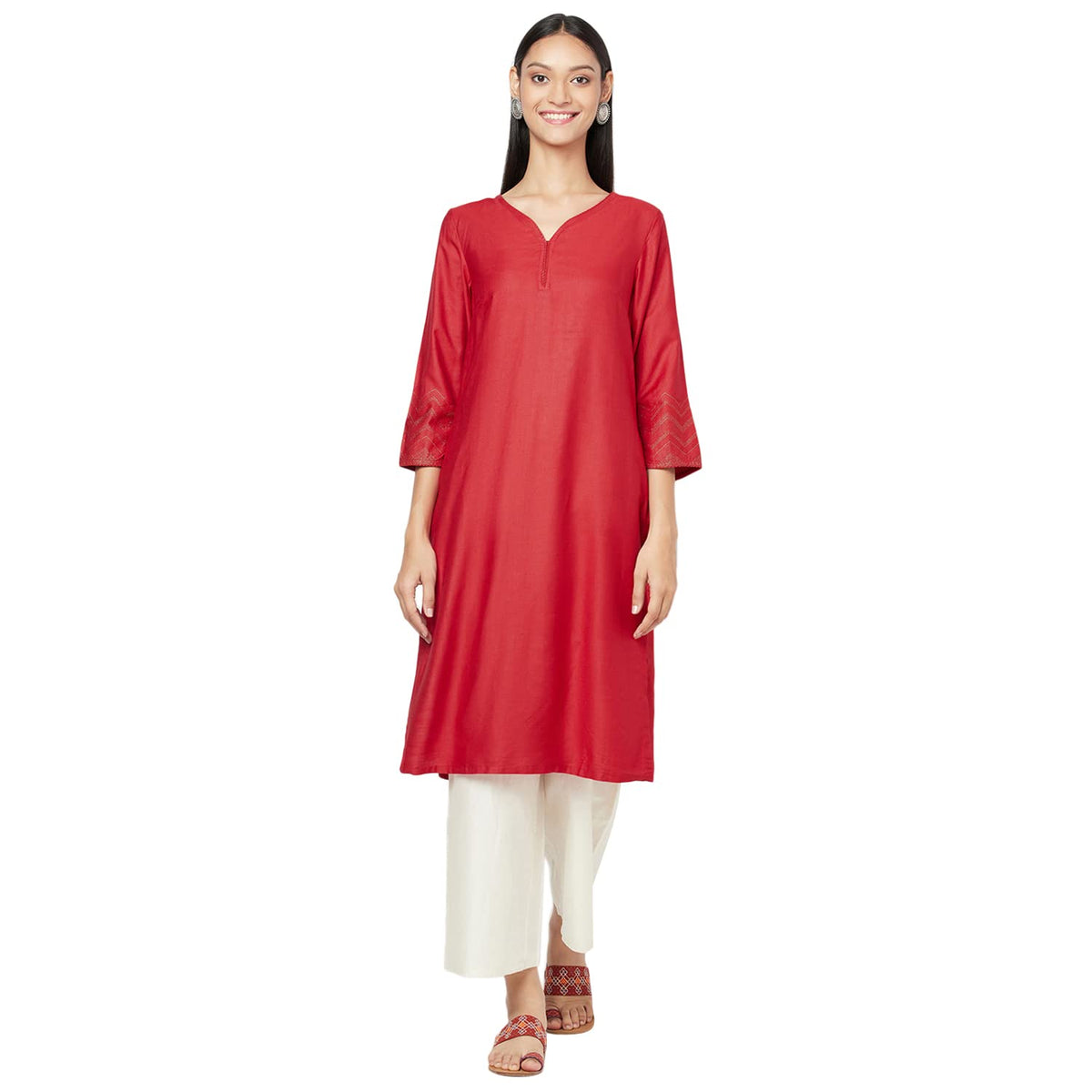 Fabindia WomenS Viscose Silk Embroidered Regular Kurta_Red_S