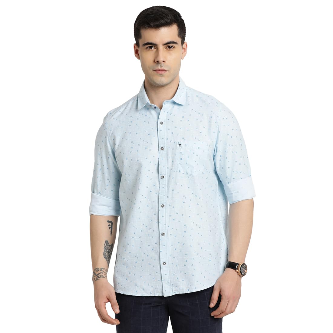 Turtle Men Cotton Melange Printed Slim Fit Sky Blue Casual Shirt