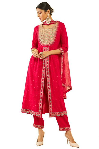 Soch Womens Fuchsia Rayon Slub Embroidered Suit Set With Dupatta(Ewa3Cd20279A)