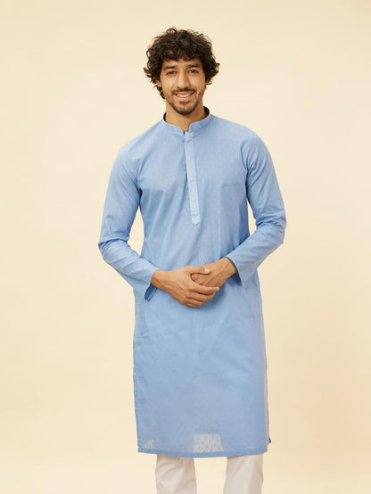 Manyavar Mens Blue Cotton Self Design Kurta Pyjama Set