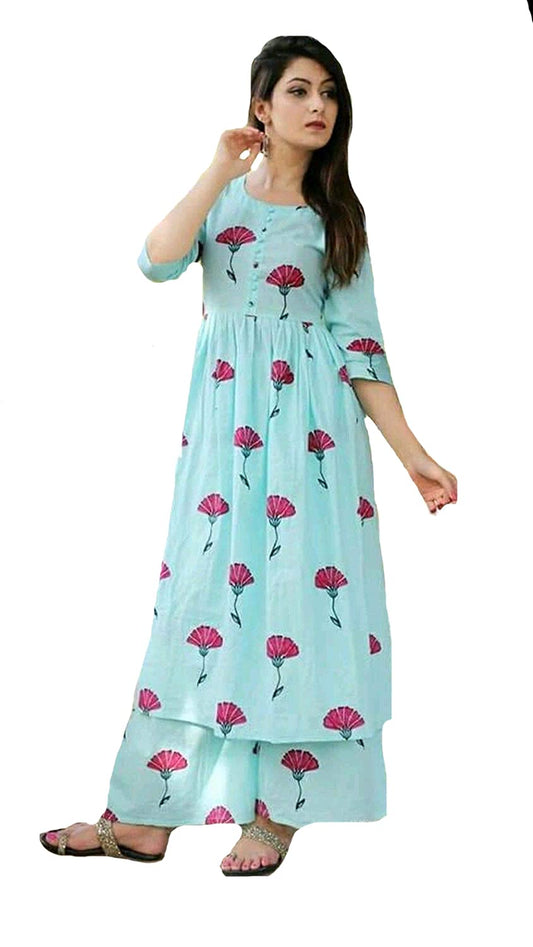 Gosriki WomenS Blue Color Cotton Printed Kurti With Plazzo (Bita Blue_Xl)