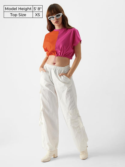The Souled Store Colourblock: Blazing Orange, Hot Pink Women Cropped Tops