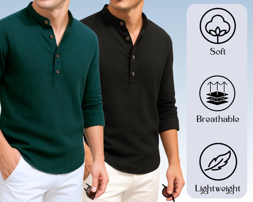 Deelmo Combo Of MenS Cotton Blend Solid Regular Fit Full Sleeve Short Kurta | MenS Trendy Short Kurta Pack Of 2